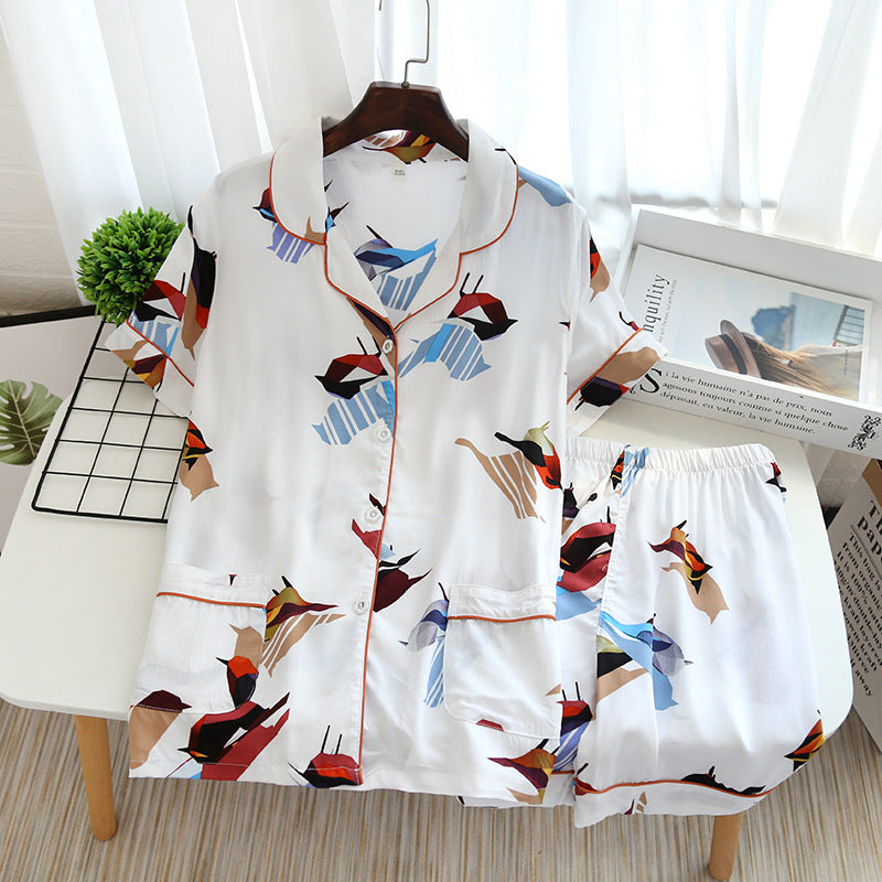 Summer new ladies 100%viscose pajama set short-sleeved shorts thin section home service loose large size two piece set plus size