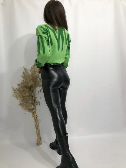 BIVIGAOS Fashion Women PU Leather Pants Elastic High Waist Winter Leggings Slim Velvet Leather Leggings Skinny Fleece Trousers