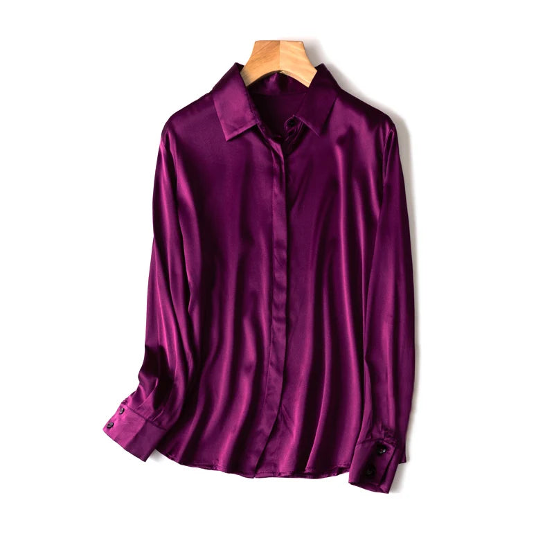 SuyaDream Woman Solid Shirts 93%Real Silk 7%Spandex Long Sleeves Chic Blouses, 2025 Spring Autumn Office Lady Top
