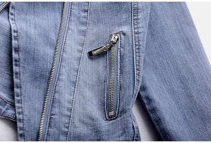Short Zipper Stretch Denim Jacket Women Slim Vintage Spring Autumn Lady Long-sleeved Motorcycle Coat Casual Female Jean Outwear