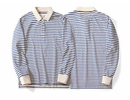 Autumn New Long Sleeve Polo Shirt Men Japanese Retro Loose Combed Cotton Striped Shirts Casual Streetwear Lapel Tops Oversize