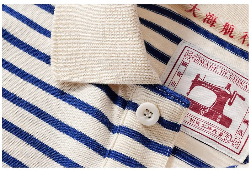 Autumn New Long Sleeve Polo Shirt Men Japanese Retro Loose Combed Cotton Striped Shirts Casual Streetwear Lapel Tops Oversize