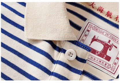 Autumn New Long Sleeve Polo Shirt Men Japanese Retro Loose Combed Cotton Striped Shirts Casual Streetwear Lapel Tops Oversize