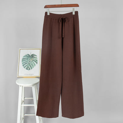 Women Cotton Knitted Cardigan Wide Leg Pants Suit Autumn and Winter Lady  Fashion Loose Daily Office Jacket Straight Pants 2Pcs