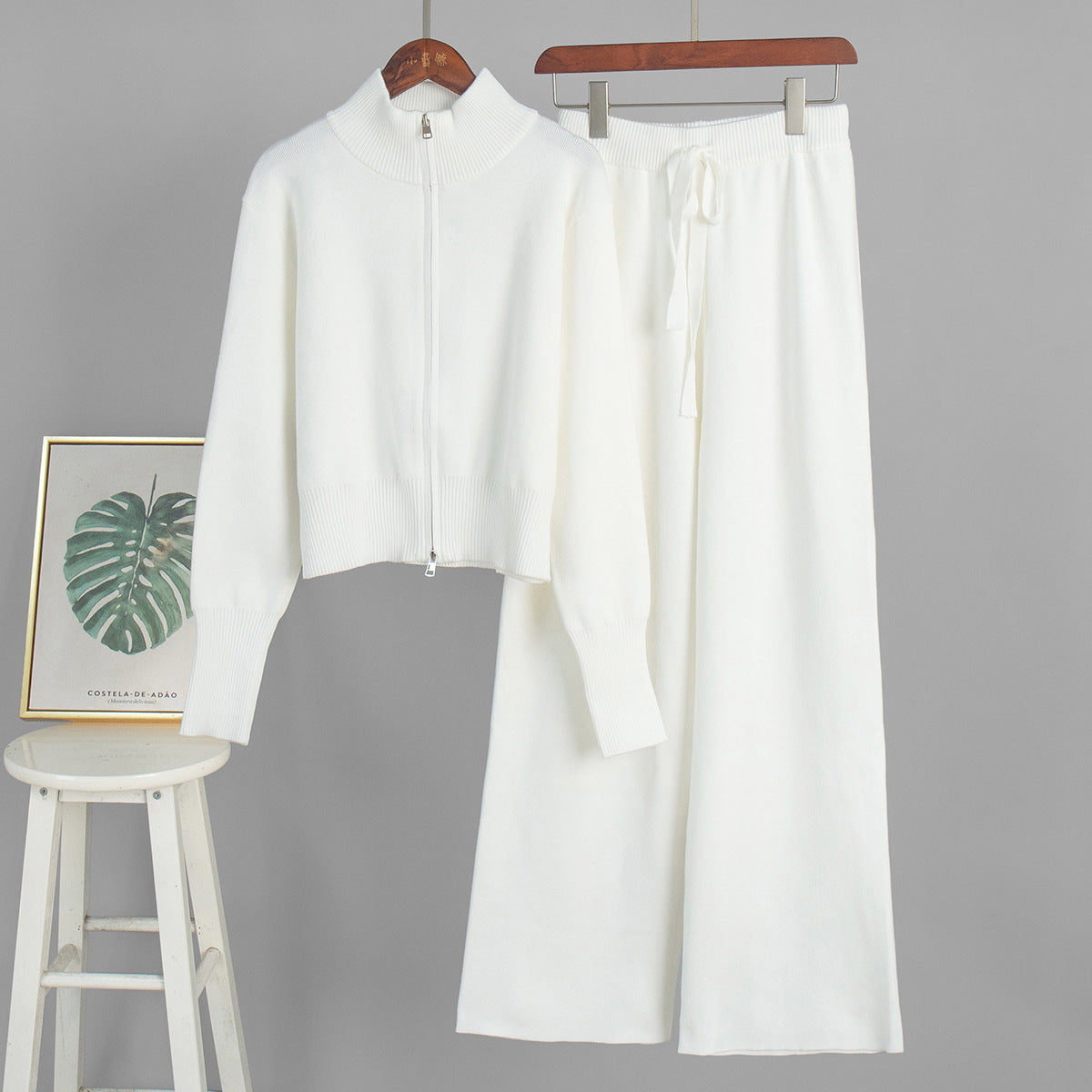 Women Cotton Knitted Cardigan Wide Leg Pants Suit Autumn and Winter Lady  Fashion Loose Daily Office Jacket Straight Pants 2Pcs