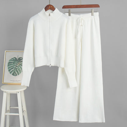 Women Cotton Knitted Cardigan Wide Leg Pants Suit Autumn and Winter Lady  Fashion Loose Daily Office Jacket Straight Pants 2Pcs