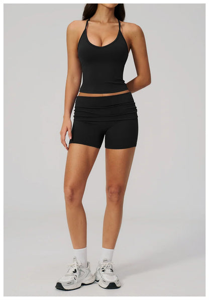 TRY TO BN Two Pieces Women's Tracksuit Vest Sling Top Set Fold-over Waist Yoga Shorts Hip Lifting Running Fitness Gym Activewear