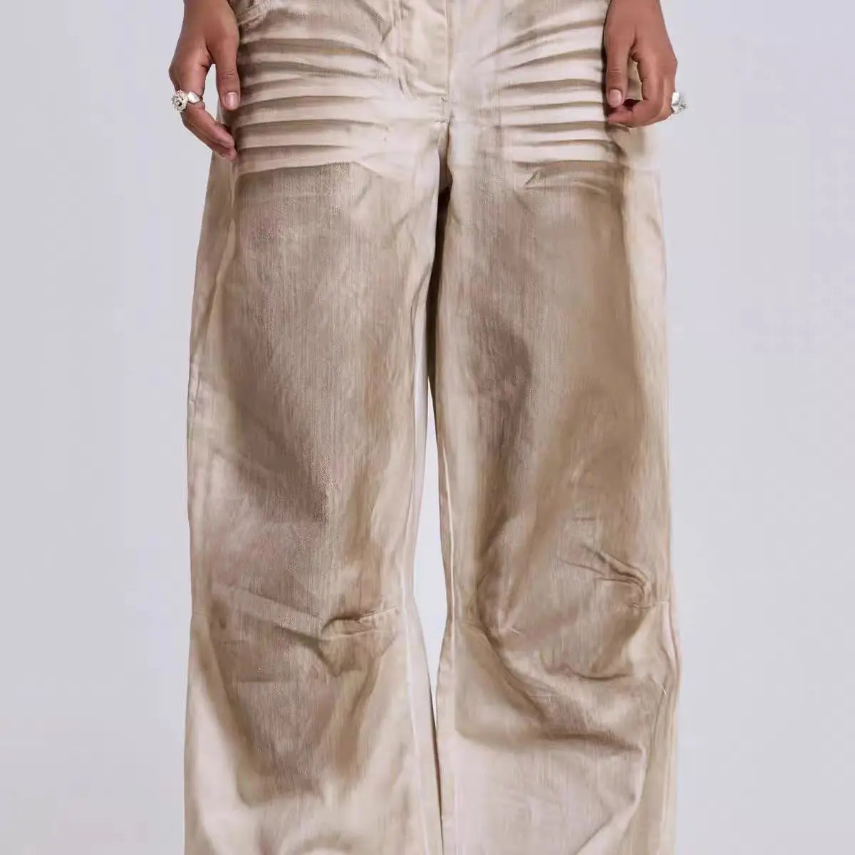 DEAT Fashion Dirty Dyed Jeans Women's High Waist Loose Straight Wide Leg Denim Pants Summer New 7A609