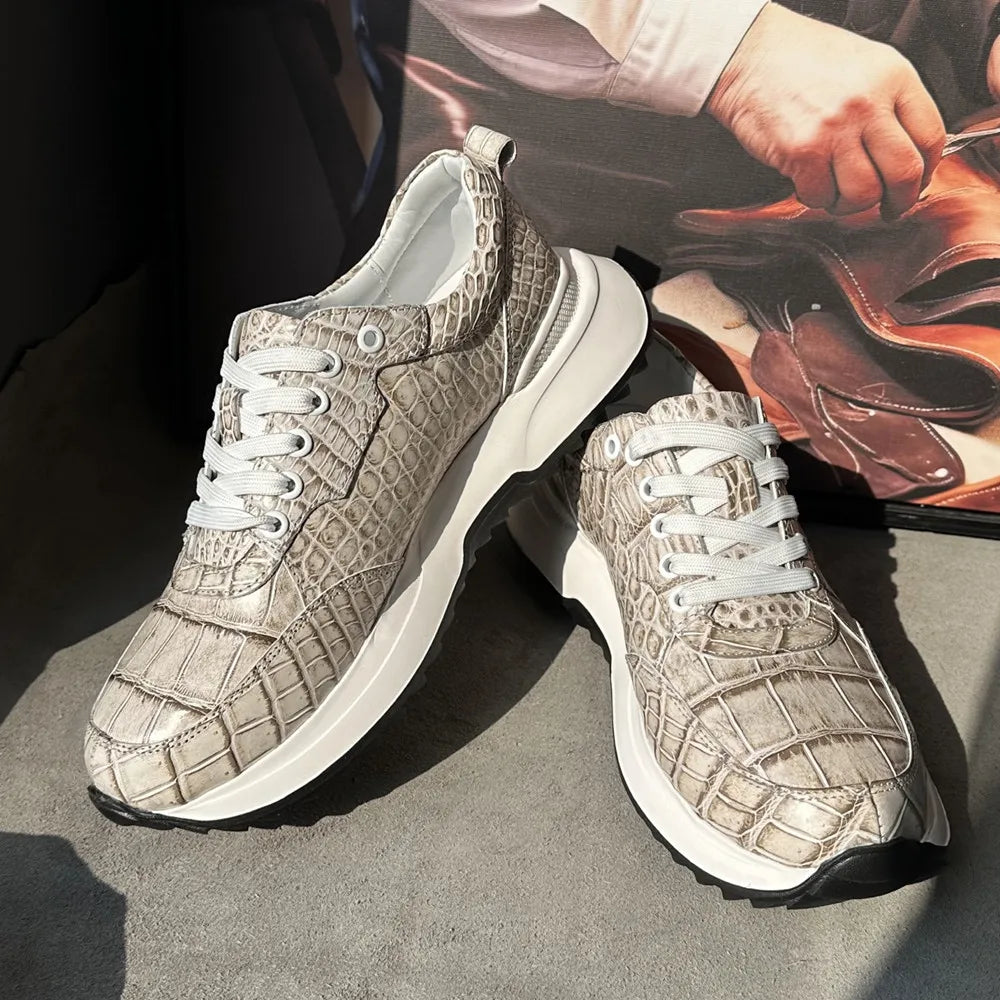 Designer real crocodile leather hand-painted aurora blue men's fashion sneakers crocodile leather men's lace-up casual shoes