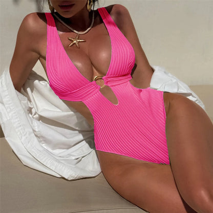 Sexy 8 Colors Deep V Neck Cut Out One Piece Swimsuit Women Swimwear Female High Leg Cut Monokini Bather Bathing Suit Swim V7177