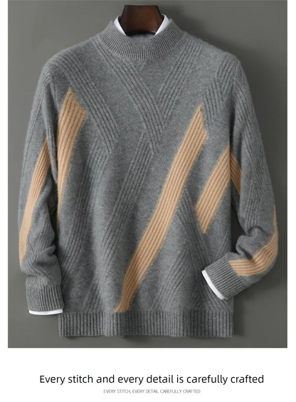 2025 Winter New Product Launch Men's Round Neck Jacquard Cashmere Knit Pullover 100% Pure Wool Men's Sweater Casual Thick Warm