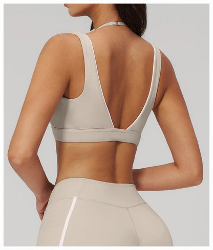 Color Contrast Deep-V Sports Bra Women's Gym Fitness Yoga Top Backless Breathable Sports Underwear Female Push Up Workout Top