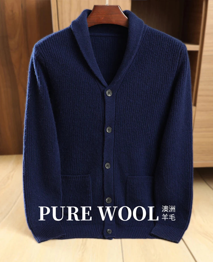 Men High Quality Polo Collar Cardigan Autumn Winter Thick Buttons 100% Merino Wool Sweater Smart Casual Coat Cashmere Knitwear