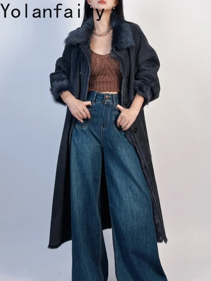 YOLANFAIRY Real Goatskin Leather Fur Coats for Women Winter High-end Natural Fur Coat Lazy Style Long Leather Jacket Luxury Wear