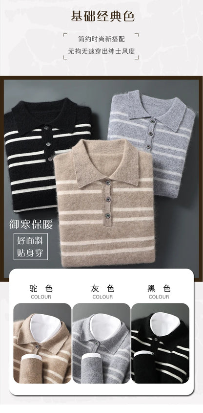 Men Leisure 100% Merino Wool Sweater Polo Collar Knit Pullover Autumn Winter Cashmere Clothing Casual Business Color Stripe Top