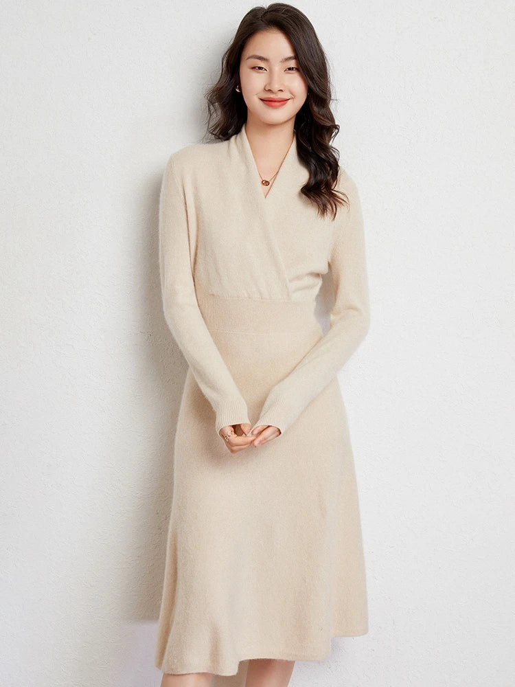 CHICUU Women 100% Cashmere Dresses V-neck Waist Cinching Dresses Autumn Winter Office Lady Grace Luxury Cashmere Knitwear