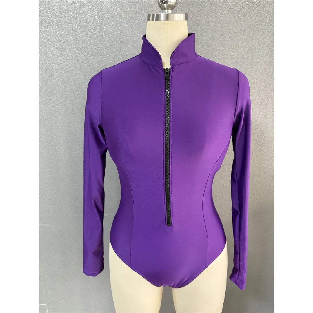 S - 2XL 4 Colors Long Sleeve With Zipper Surf Rash Guard One Piece Swimsuit Women Swimwear Female Bather Bathing Suit Swim V6266
