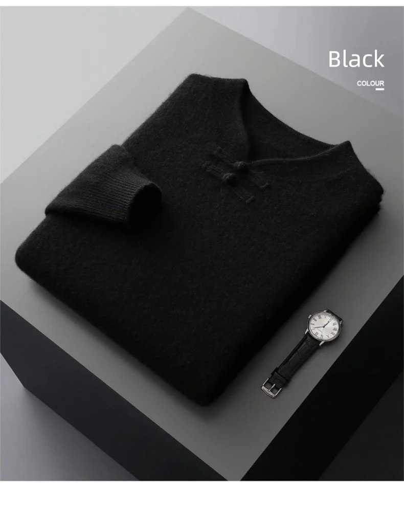 New Chinese Style Men's Pullover 100% Pure Wool Knit Sweater Autumn Winter Retro Stand Collar Long Sleeve Fashion Cashmere Tops