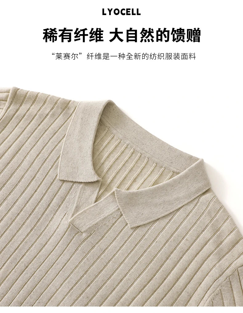 Summer New Men's 100% Lyocell Scissor Collar Solid Color T-Shirt Knit Pullover Bussiness Casual Short-sleeved POLO Collar Tees