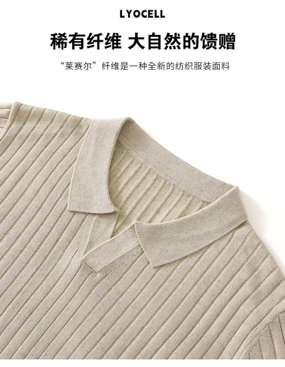 Summer New Men's 100% Lyocell Scissor Collar Solid Color T-Shirt Knit Pullover Bussiness Casual Short-sleeved POLO Collar Tees