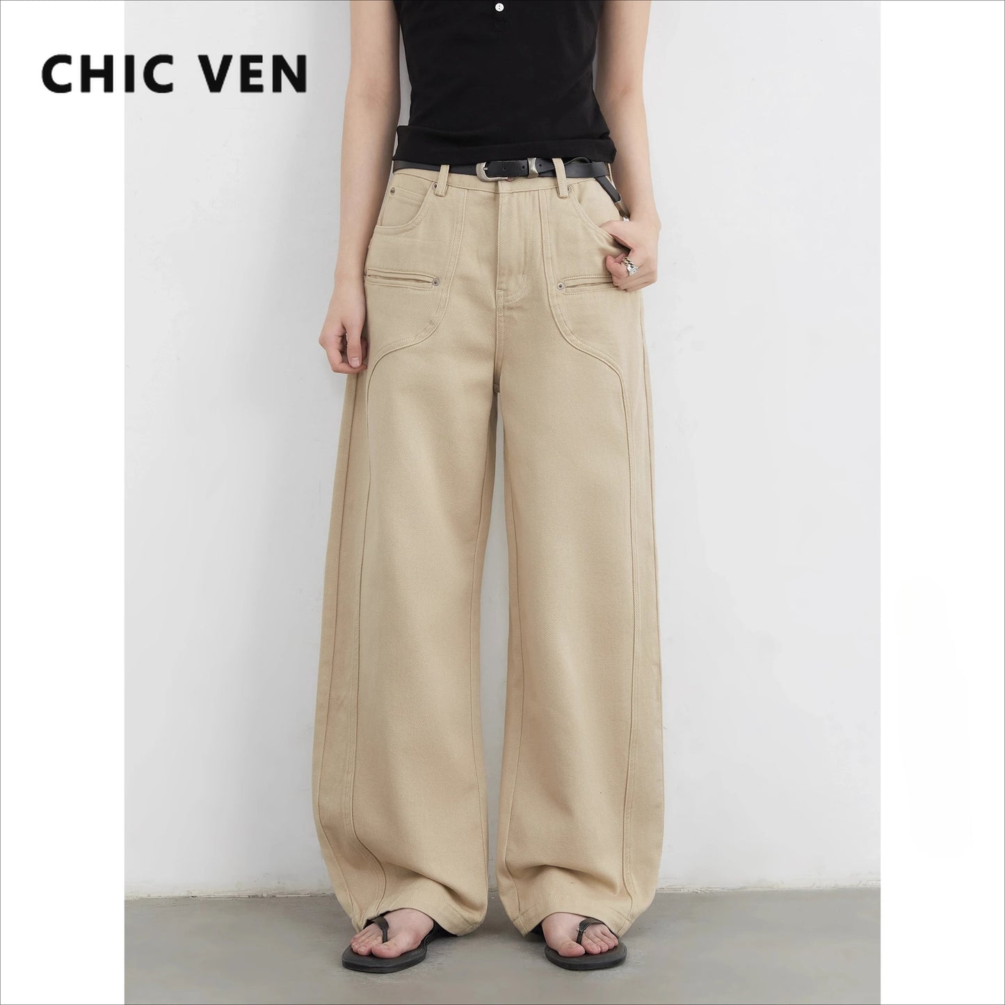 CHIC VEN Women Jeans Solid Loose Casual New Split Wide Leg Denim Pant Workwear Female Trousers Spring Autumn 2025
