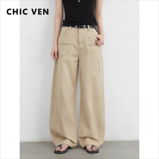 CHIC VEN Women Jeans Solid Loose Casual New Split Wide Leg Denim Pant Workwear Female Trousers Spring Autumn 2025