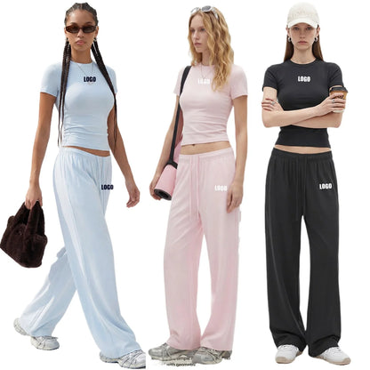 Custom LOGO women's spring summer new 200G high-elastic short slim-fit short-sleeved trousers casual sports two-piece set