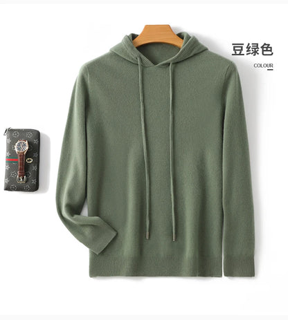 Men's 100% Merino Wool Sweater Hooded Collar Knitted Pullover Cashmere Sweatshirt Autumn Winter Casual Large Tops Long Sleeved