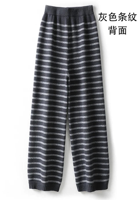 Women's Spring and Autumn 100% Merino Wool 90 Count Knitted Striped Wide Leg Pants