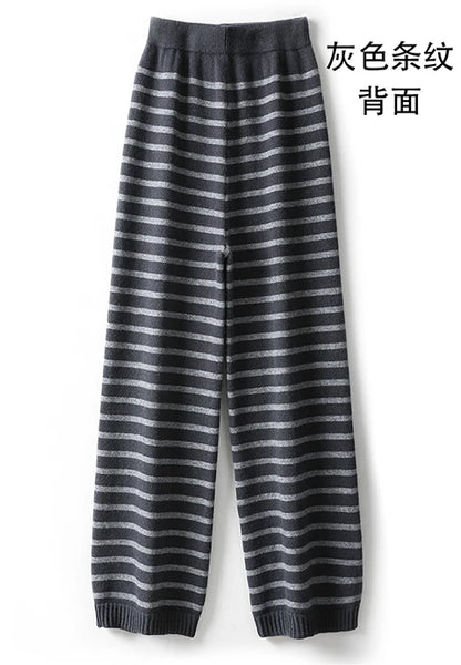 Women's Spring and Autumn 100% Merino Wool 90 Count Knitted Striped Wide Leg Pants