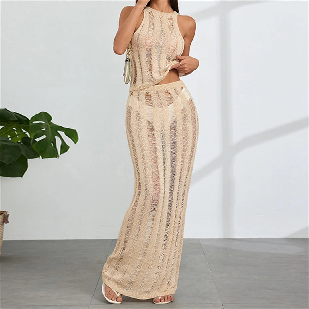 New Sleeveless Crochet Knitted 2 Pieces Suits Tunic Beach Cover Up Cover-ups Beach Dress Beach Wear Beachwear Female Women V6717