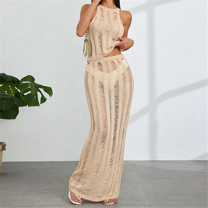 New Sleeveless Crochet Knitted 2 Pieces Suits Tunic Beach Cover Up Cover-ups Beach Dress Beach Wear Beachwear Female Women V6717