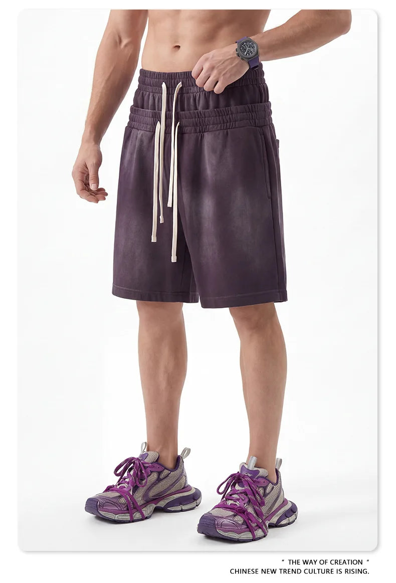 Custom LOGO men's 320G heavy 100% washed and old double waist high waist medium pants loose casual sports five-point shorts
