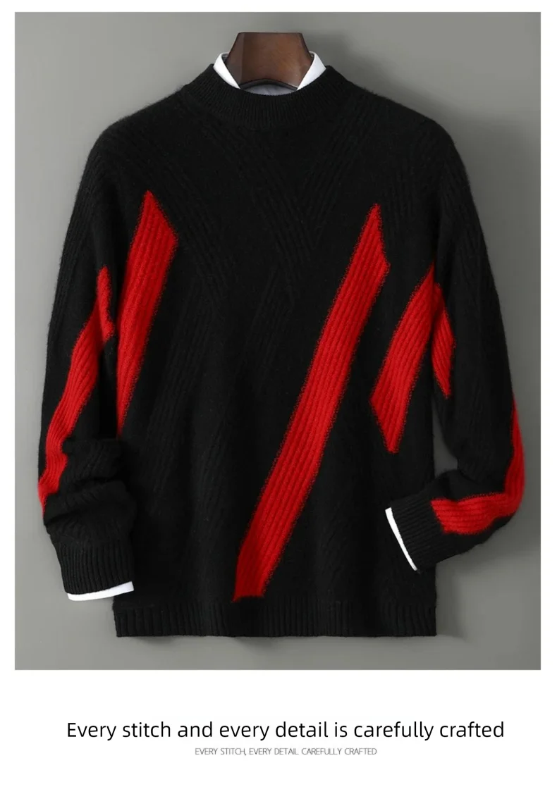 2025 Winter New Product Launch Men's Round Neck Jacquard Cashmere Knit Pullover 100% Pure Wool Men's Sweater Casual Thick Warm