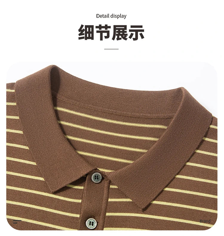 Men's Lyocell shirt summer new casual striped short sleeved T-shirt Polo collar breathable comfortable knitted pullover