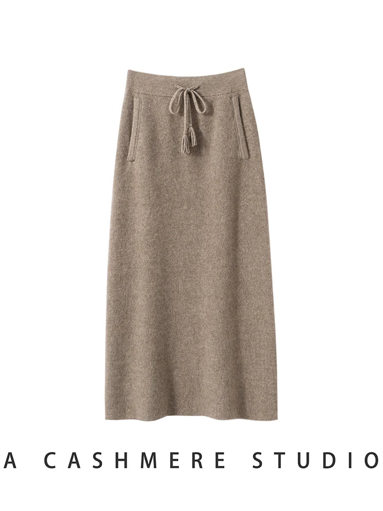 CHICUU Women's 100% Cashmere Knitted Skirt A-line Skirt Autumn Winter Thick Warm Office Lady Grace Style Cashmere Knitwear Skirt