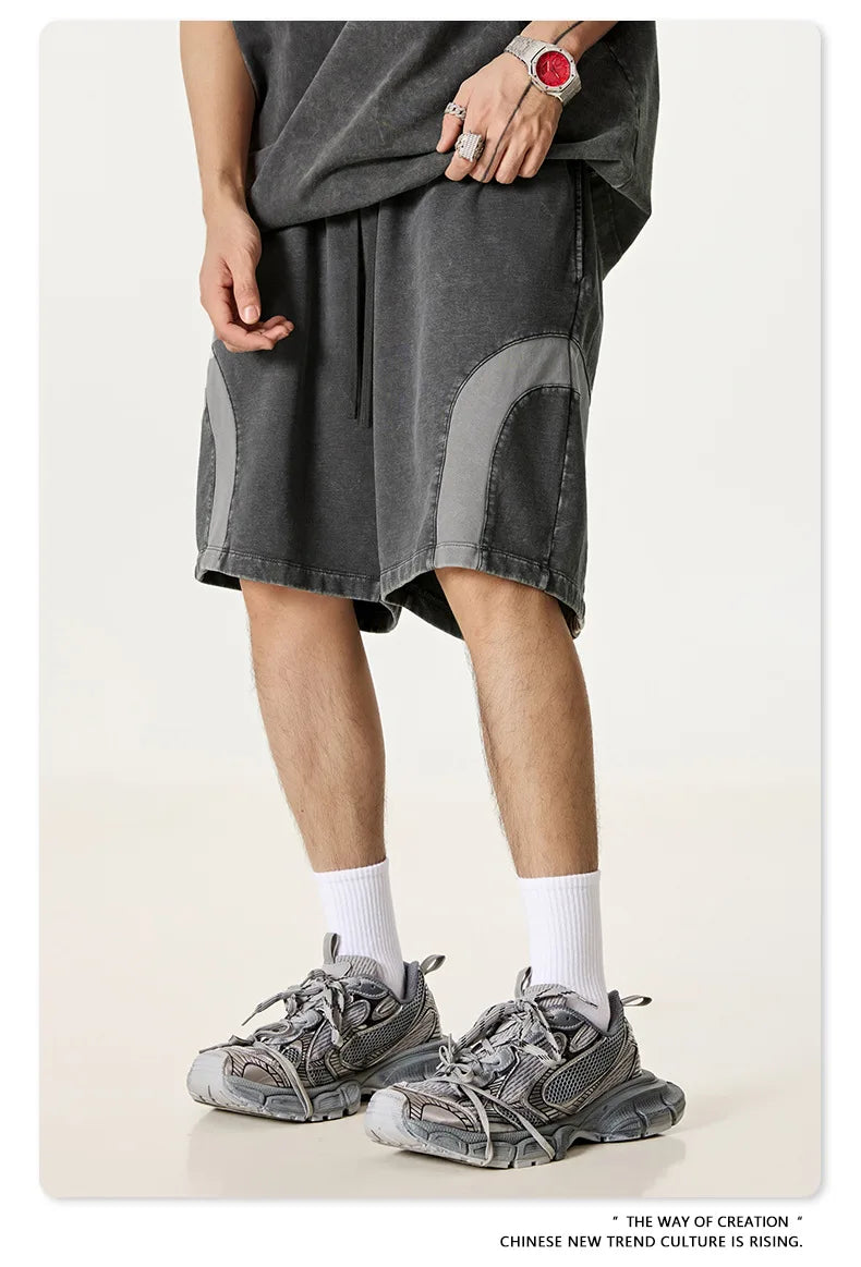 Customized LOGO men's summer European and American hip-hop style splicing contrasting shorts loose straight five-point pants