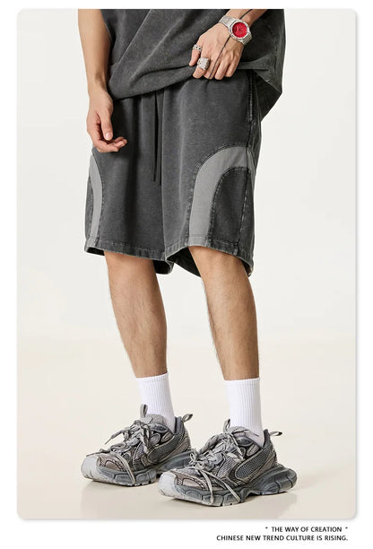 Customized LOGO men's summer European and American hip-hop style splicing contrasting shorts loose straight five-point pants