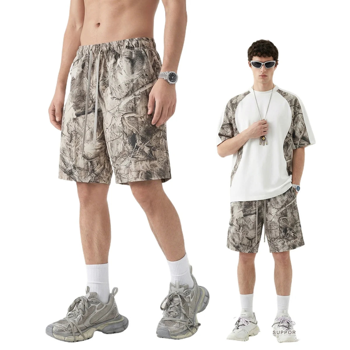 Custom LOGO men's summer camouflage splicing 240G quick-drying cotton polyester short-sleeved T-shirt loose sports shorts set