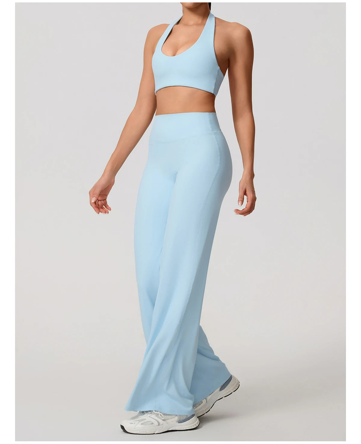 Summer 2Pcs Women's Quick-Dry Sports Set U-Neck Sports Bra Sleeveless Yoga Top Two-Piece Fitness Workout Set with Bell-Bottom