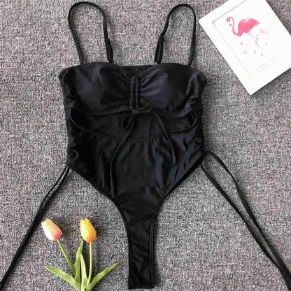 Sexy Lace Up Tummy Cut Out Monokini One Piece Swimsuit Women Swimwear Female Leopard Thong Bather Bathing Suit Swim Wear V1290