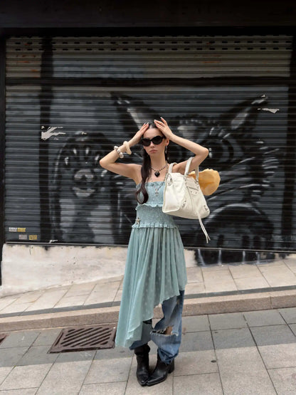 DEAT Fashion Distressed Ripped Wide Leg Jeans Women's Low Waist Frayed Hem Blue Denim Pants Summer New 7A4508