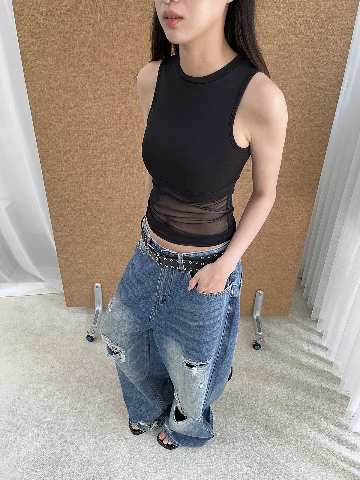 DEAT Fashion Washed Ripped Hole Vintage Straight Jeans Women's High Waist Long Wide Leg Blue Denim Pants Summer New