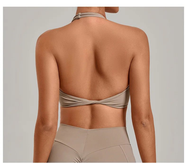 TRY TO BN Yoga Sports Bra Women's Zipper Halter Neck Naked Feeling Backless Underwear Fitness Tops Workout Running Gym Clothing