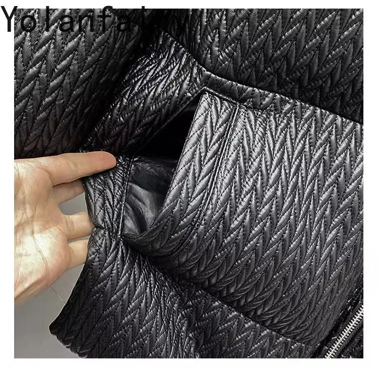 YOLANFAIRY Luxury Top Layer Sheepskin Leather Jackets for Man 2025 Winter Fashion White Goose Down Coat Warm Black Puffer Jacket