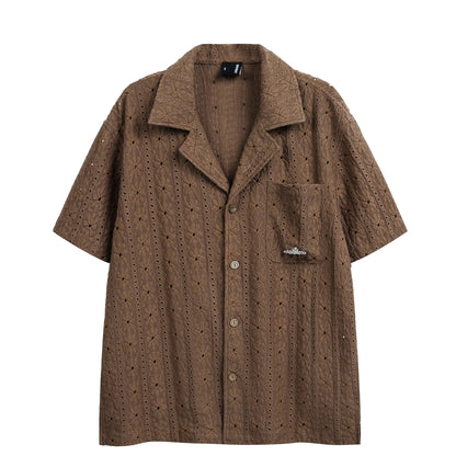 2026 New Hawaiian Vacation Style Maillard Jacquard Hollow Out Cuban Collar Short Sleeved Shirt Loose Five Quarter Sleeved Shirt