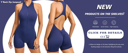 Summer V Back One-piece Suit Women Sports Jumpsuit Zippers Yoga Rompers Backless Sportswear Women Sleeveles Workout Bodysuits
