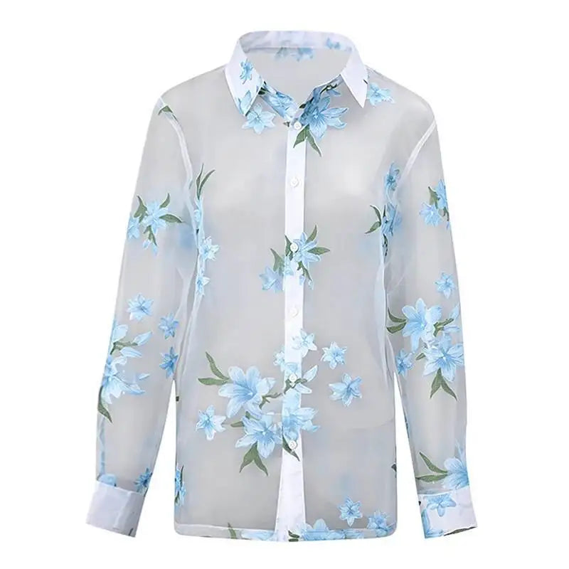 DEAT Fashion Floral Print Sheer Organza Shirt Women's Lapel Loose Light Blue Blouse Summer New
