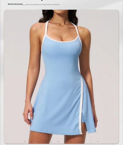 Custom LOGO women's nude yoga dress hollow breathable slim fitness sports quick-drying short skirt