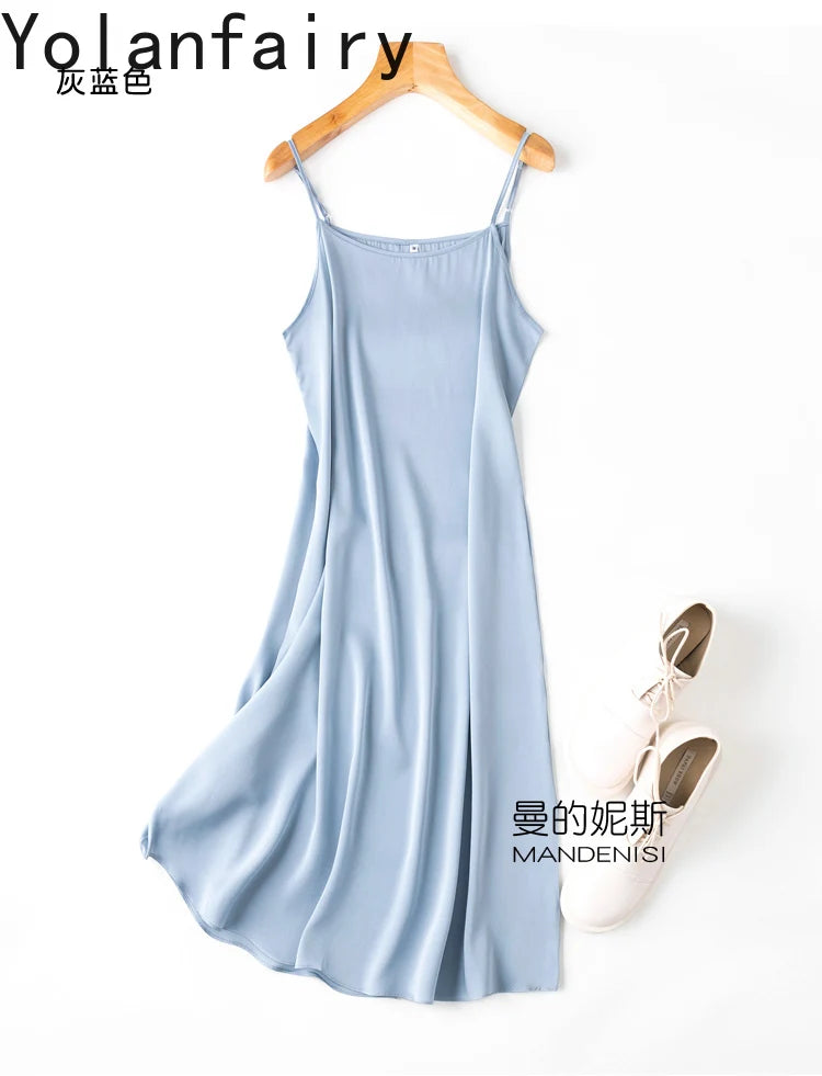 YOLANFAIRY 19momme 93% Mulberry Silk Spaghetti Strap Dress for Women Elegant Mid-length Sexy Real Silk Summer Dresses Woman 원피스